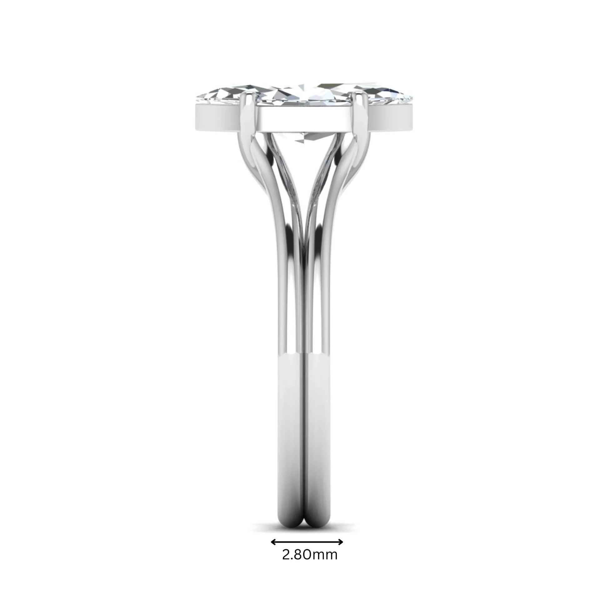 IGI certified 1.63 carat marquise cut lab grown diamond solitaire engagement ring with elegant split shank in white gold.