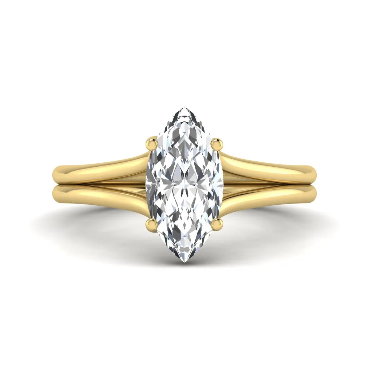 IGI certified 1.63 carat marquise cut lab grown diamond solitaire engagement ring with elegant split shank in yellow gold.