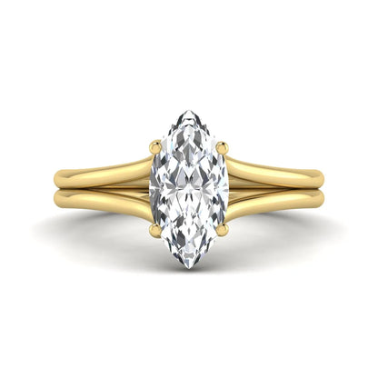 IGI certified 1.63 carat marquise cut lab grown diamond solitaire engagement ring with elegant split shank in yellow gold.