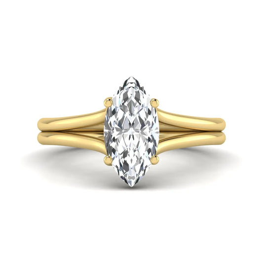 IGI certified 1.63 carat marquise cut lab grown diamond solitaire engagement ring with elegant split shank in yellow gold.