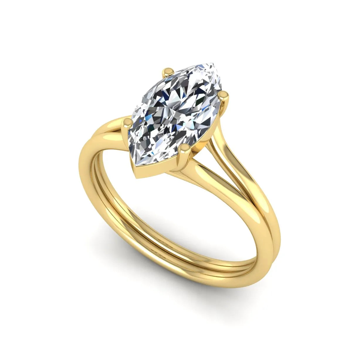 IGI certified 1.63 carat marquise cut lab grown diamond solitaire engagement ring with elegant split shank in yellow gold.