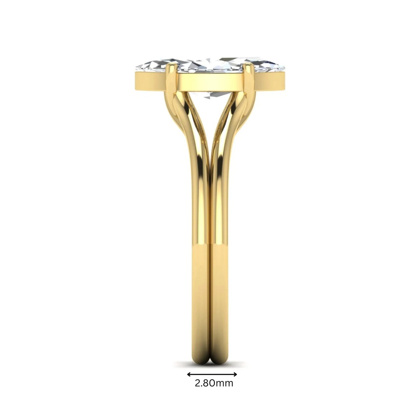 IGI certified 1.63 carat marquise cut lab grown diamond solitaire engagement ring with elegant split shank in yellow gold.