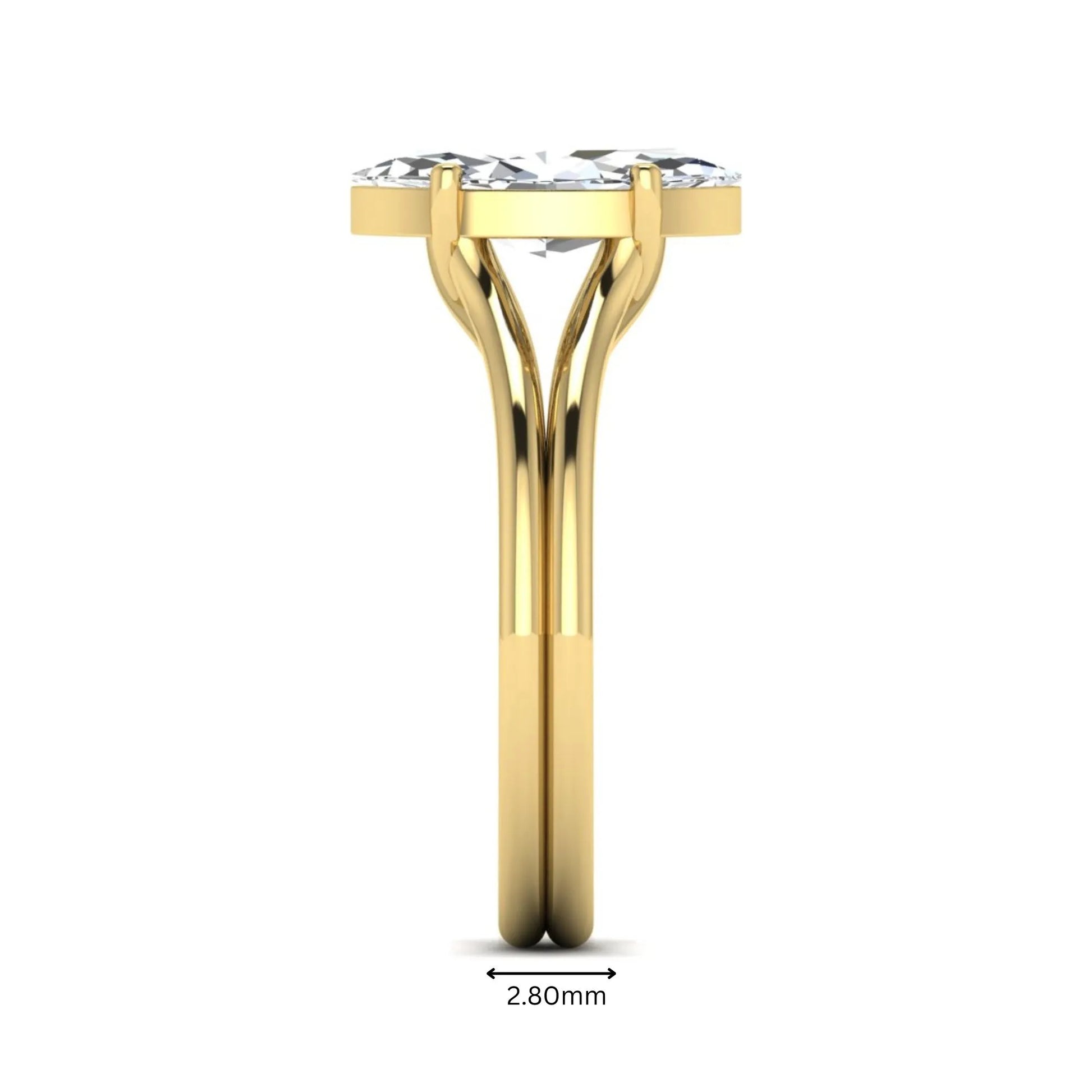 IGI certified 1.63 carat marquise cut lab grown diamond solitaire engagement ring with elegant split shank in yellow gold.