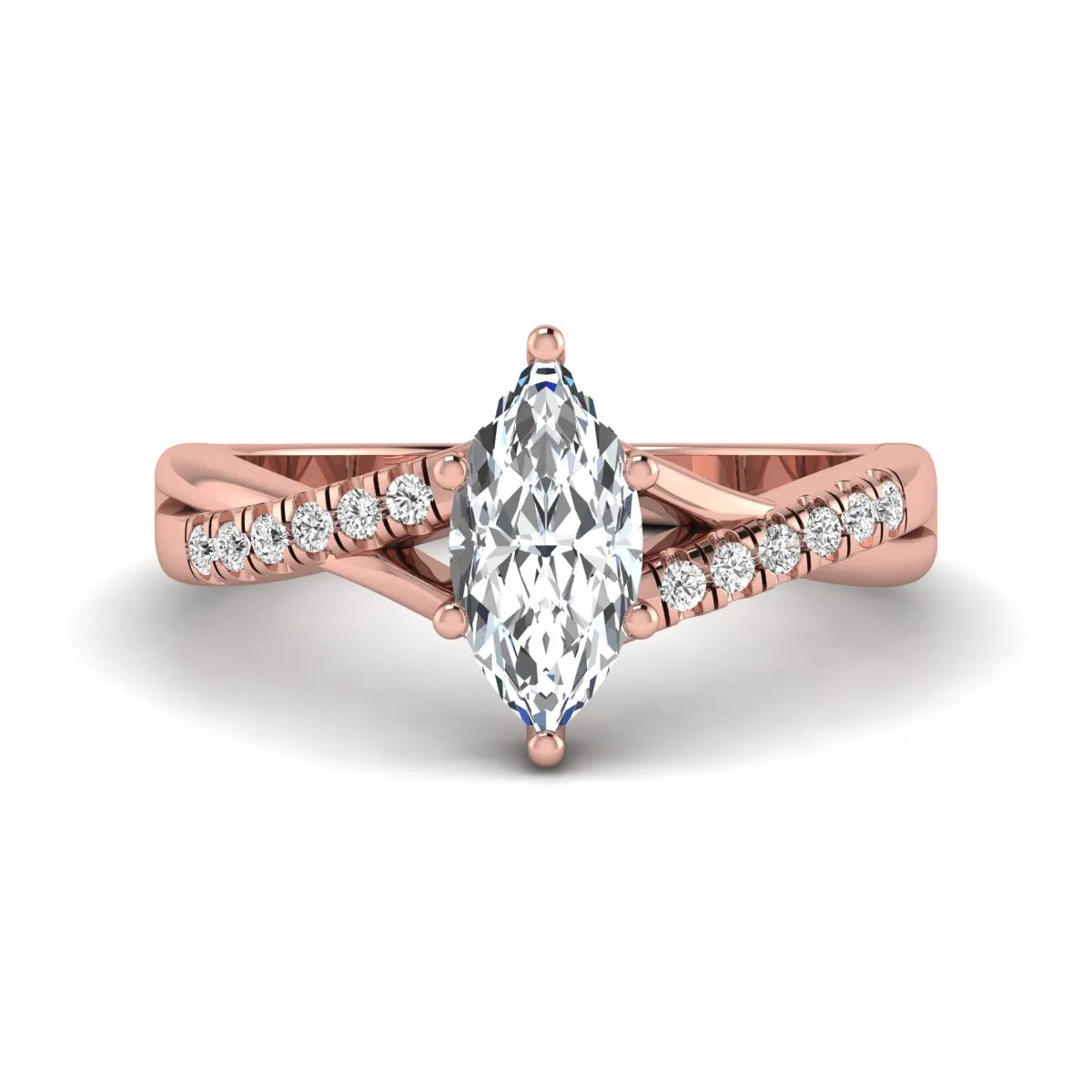 IGI Certified 0.95 carat marquise cut lab grown diamond split shank engagement ring with round accent diamonds in rose gold.