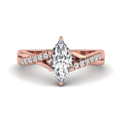 IGI Certified 0.95 carat marquise cut lab grown diamond split shank engagement ring with round accent diamonds in rose gold.