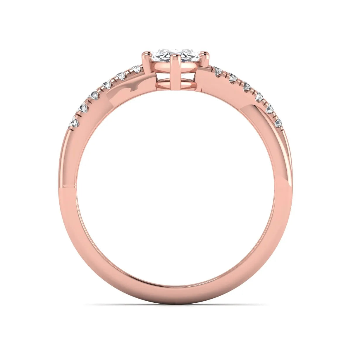 IGI Certified 0.95 carat marquise cut lab grown diamond split shank engagement ring with round accent diamonds in rose gold.