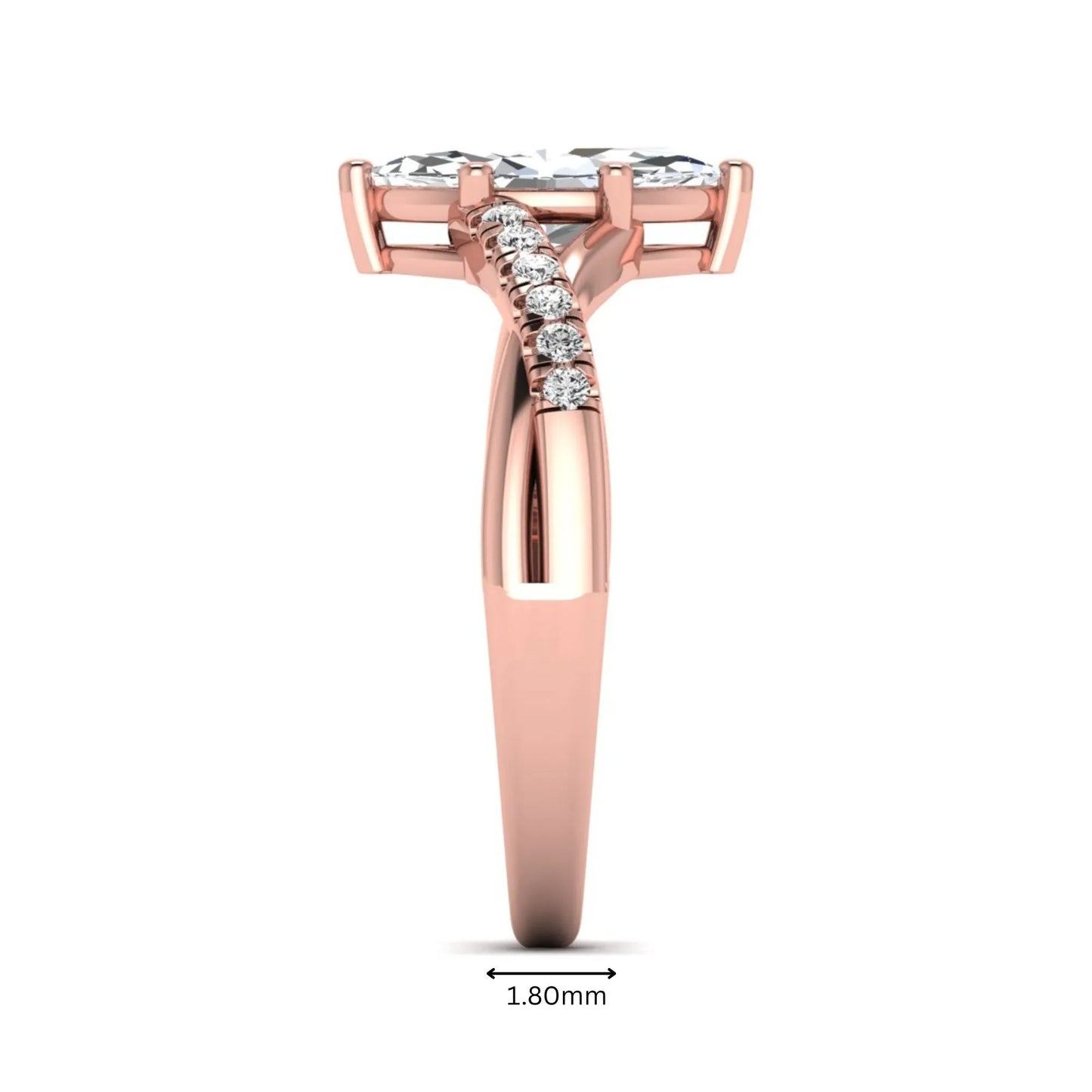 IGI Certified 0.95 carat marquise cut lab grown diamond split shank engagement ring with round accent diamonds in rose gold.