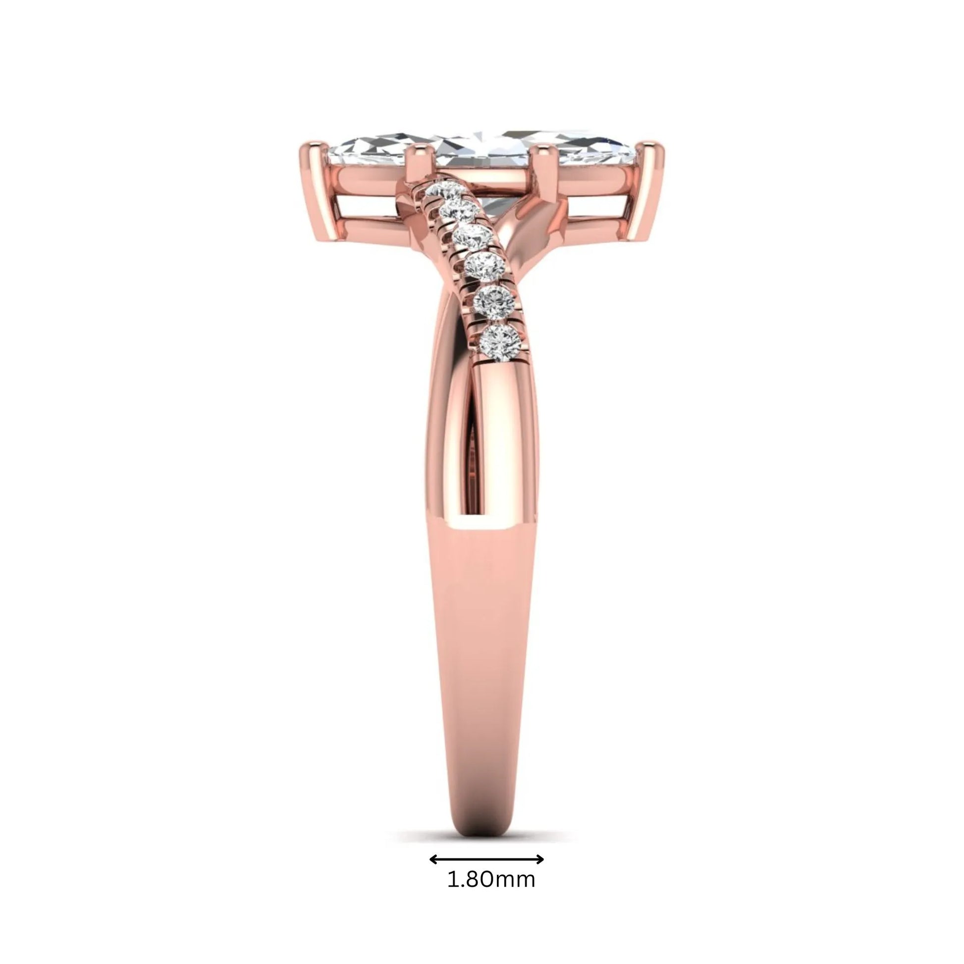 IGI Certified 0.95 carat marquise cut lab grown diamond split shank engagement ring with round accent diamonds in rose gold.