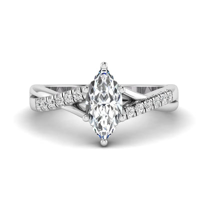 IGI Certified 0.95 carat marquise cut lab grown diamond split shank engagement ring with round accent diamonds in white gold.