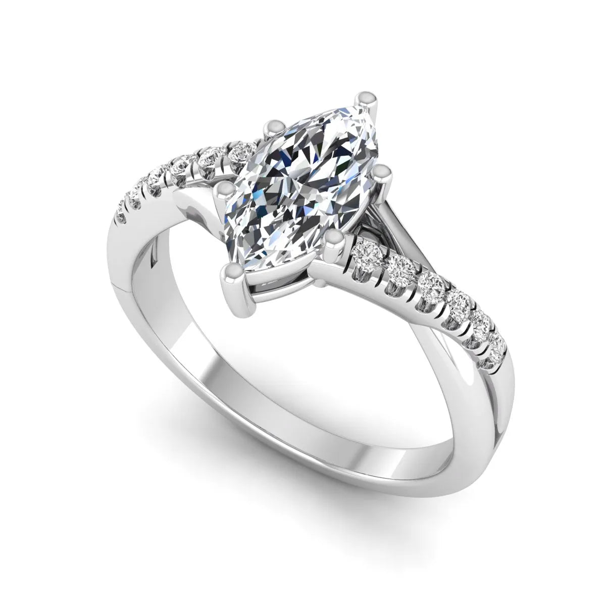 IGI Certified 0.95 carat marquise cut lab grown diamond split shank engagement ring with round accent diamonds in white gold.