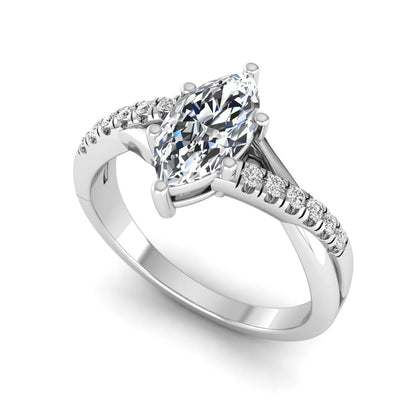 IGI Certified 0.95 carat marquise cut lab grown diamond split shank engagement ring with round accent diamonds in white gold.