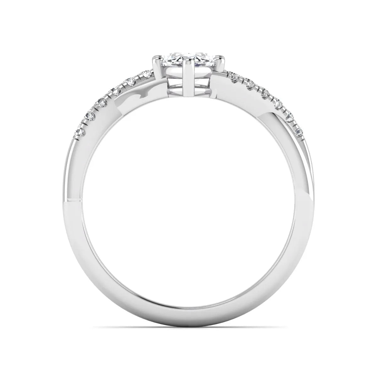 IGI Certified 0.95 carat marquise cut lab grown diamond split shank engagement ring with round accent diamonds in white gold.