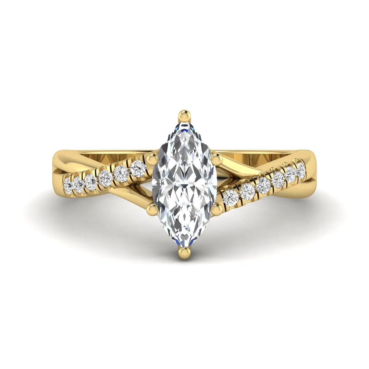 IGI Certified 0.95 carat marquise cut lab grown diamond split shank engagement ring with round accent diamonds in yellow gold.
