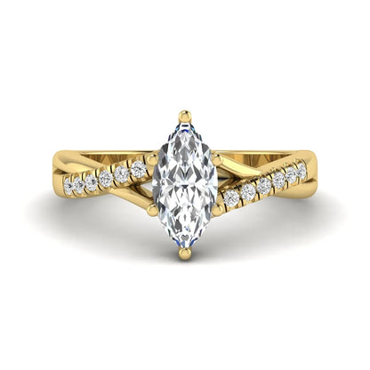 IGI Certified 0.95 carat marquise cut lab grown diamond split shank engagement ring with round accent diamonds in yellow gold.