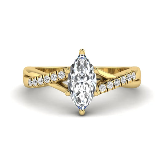 IGI Certified 0.95 carat marquise cut lab grown diamond split shank engagement ring with round accent diamonds in yellow gold.