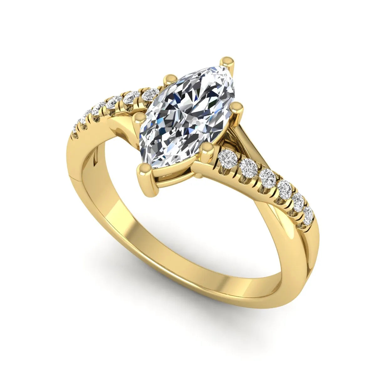 IGI Certified 0.95 carat marquise cut lab grown diamond split shank engagement ring with round accent diamonds in yellow gold.
