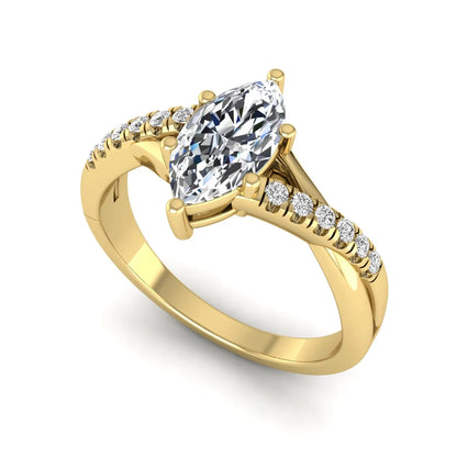 IGI Certified 0.95 carat marquise cut lab grown diamond split shank engagement ring with round accent diamonds in yellow gold.