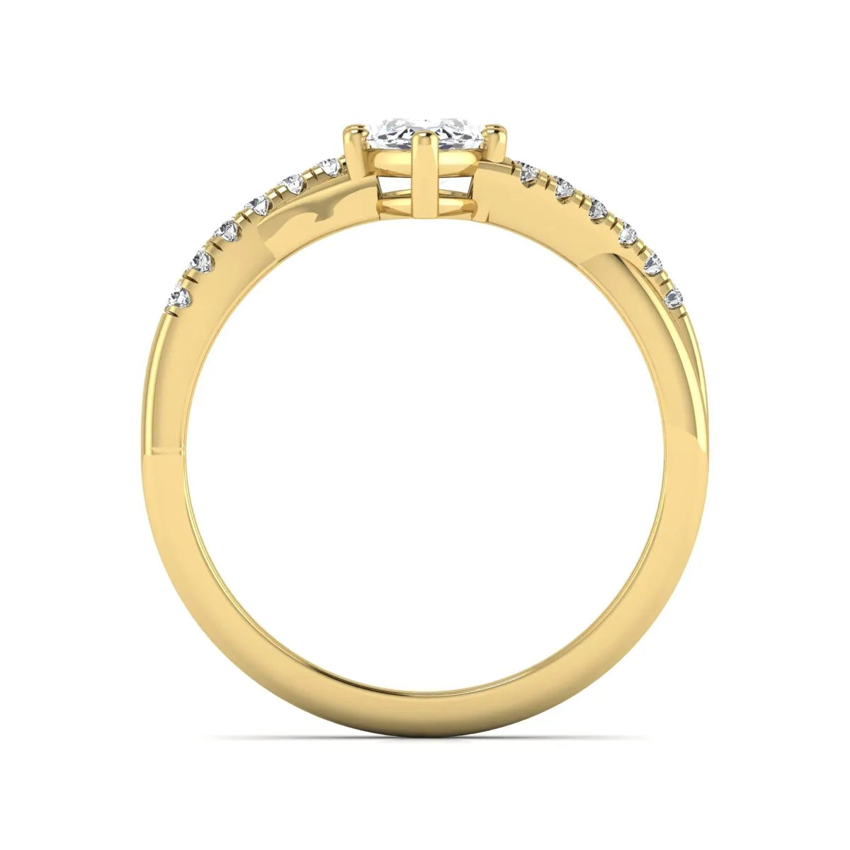 IGI Certified 0.95 carat marquise cut lab grown diamond split shank engagement ring with round accent diamonds in yellow gold.