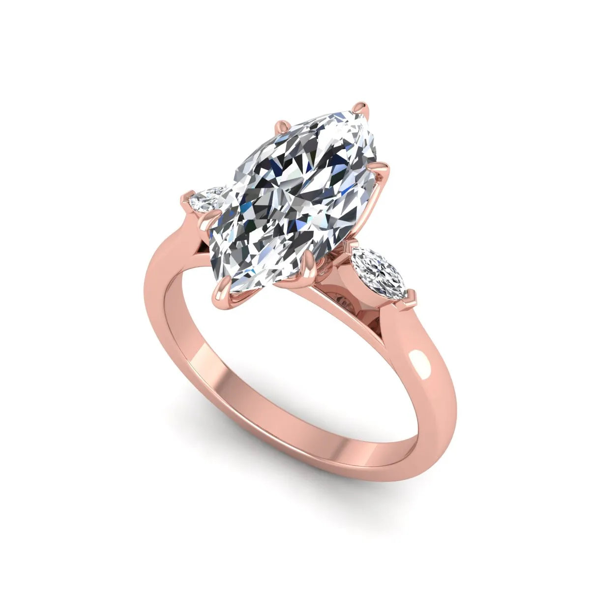 Marquise three stone lab grown diamond engagement ring featuring a 2.48 carat IGI certified center diamond with marquise side diamonds in rose gold