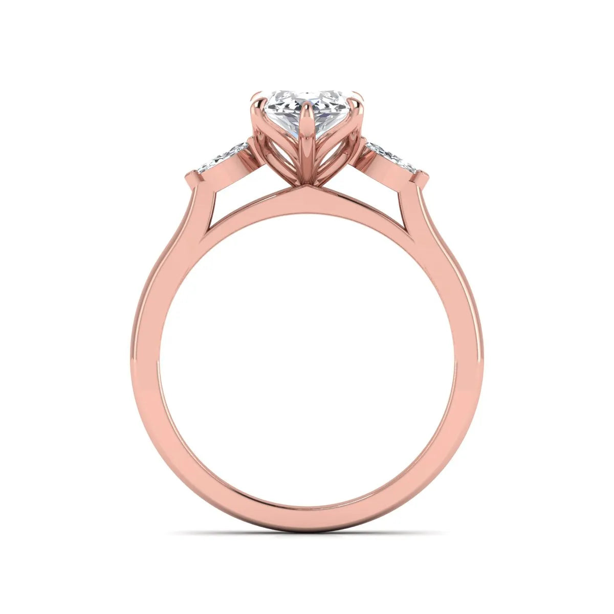 Marquise three stone lab grown diamond engagement ring featuring a 2.48 carat IGI certified center diamond with marquise side diamonds in rose gold