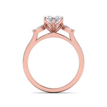 Marquise three stone lab grown diamond engagement ring featuring a 2.48 carat IGI certified center diamond with marquise side diamonds in rose gold