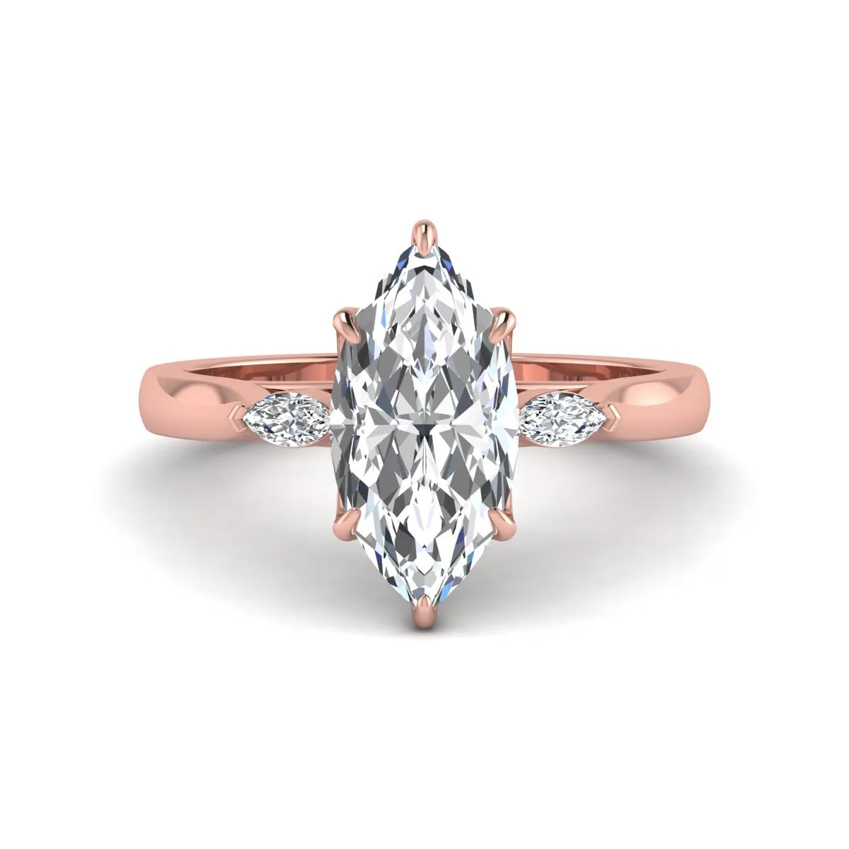 Marquise three stone lab grown diamond engagement ring featuring a 2.48 carat IGI certified center diamond with marquise side diamonds in rose gold