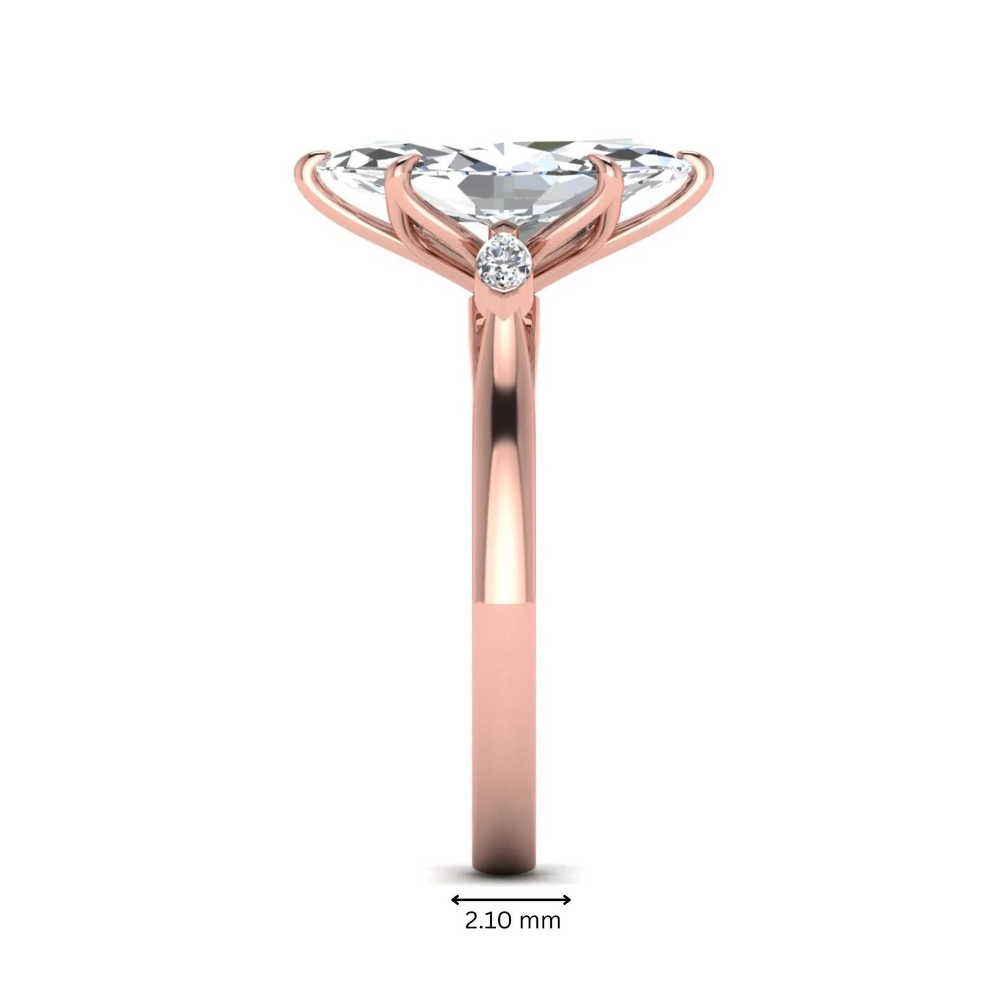 Marquise three stone lab grown diamond engagement ring featuring a 2.48 carat IGI certified center diamond with marquise side diamonds in rose gold