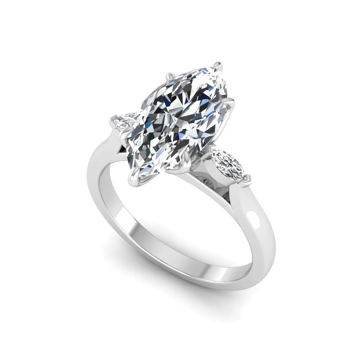 Marquise three stone lab grown diamond engagement ring featuring a 2.48 carat IGI certified center diamond with marquise side diamonds in white gold
