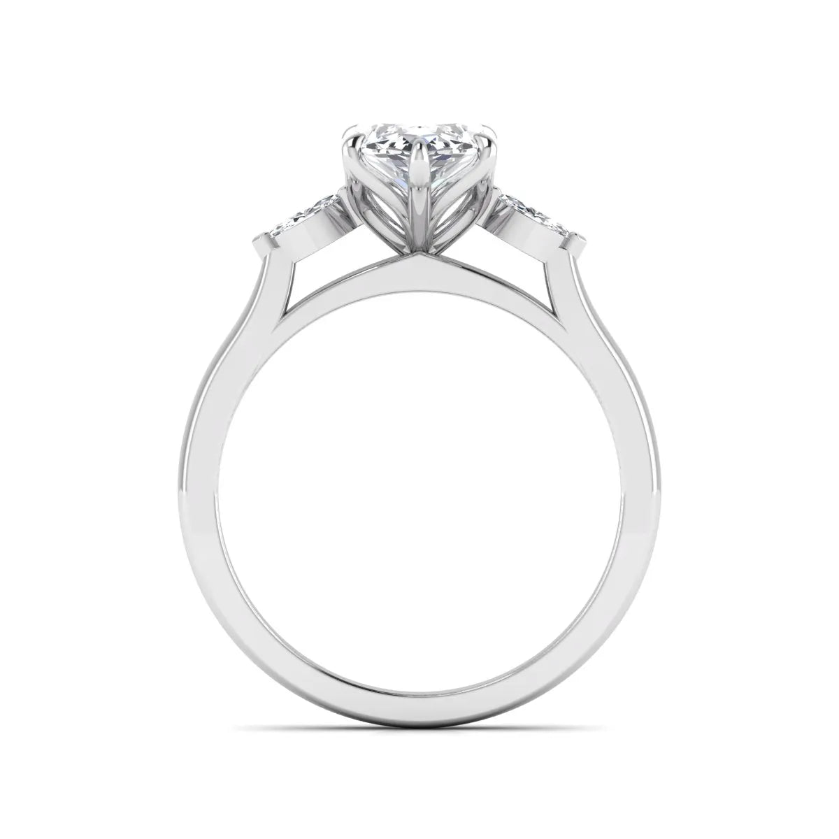 Marquise three stone lab grown diamond engagement ring featuring a 2.48 carat IGI certified center diamond with marquise side diamonds in white gold