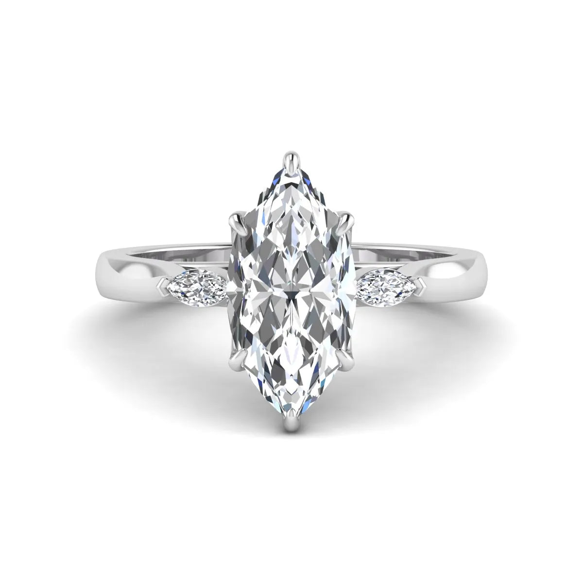 Marquise three stone lab grown diamond engagement ring featuring a 2.48 carat IGI certified center diamond with marquise side diamonds in white gold