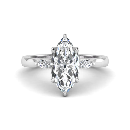 Marquise three stone lab grown diamond engagement ring featuring a 2.48 carat IGI certified center diamond with marquise side diamonds in white gold