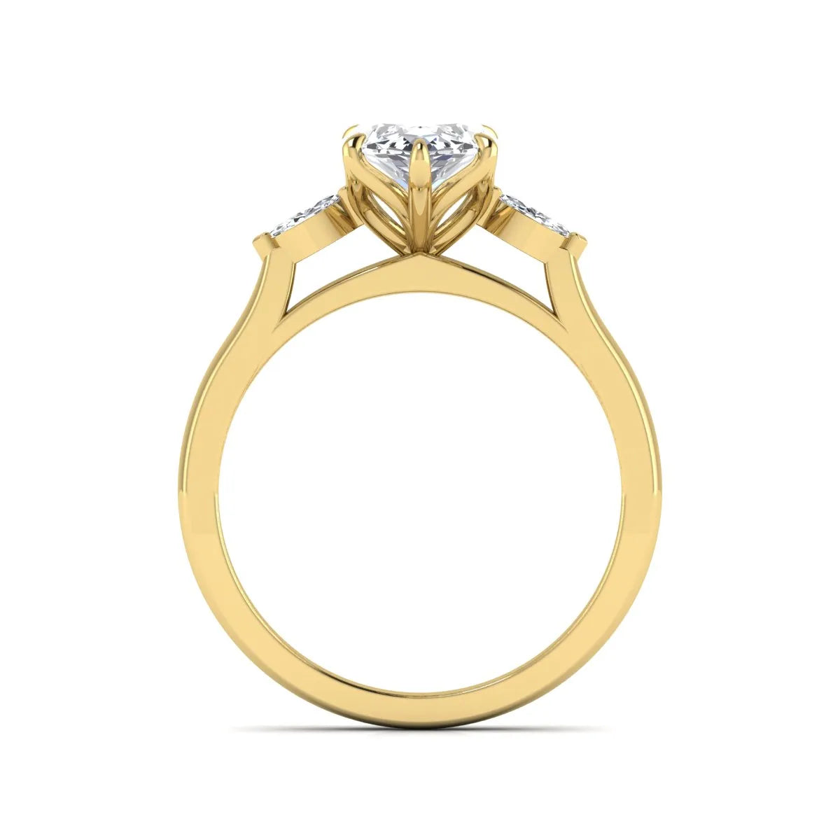 Marquise three stone lab grown diamond engagement ring featuring a 2.48 carat IGI certified center diamond with marquise side diamonds in yellow gold