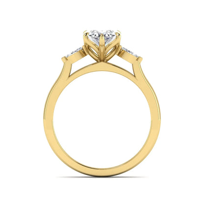 Marquise three stone lab grown diamond engagement ring featuring a 2.48 carat IGI certified center diamond with marquise side diamonds in yellow gold