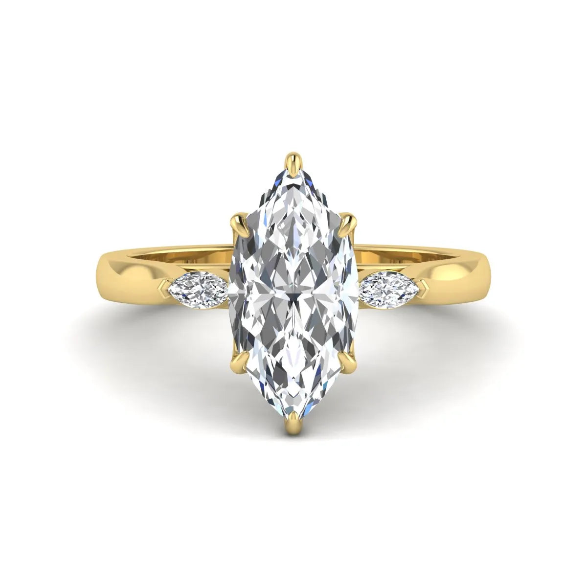 Marquise three stone lab grown diamond engagement ring featuring a 2.48 carat IGI certified center diamond with marquise side diamonds in yellow gold