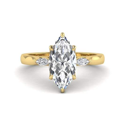 Marquise three stone lab grown diamond engagement ring featuring a 2.48 carat IGI certified center diamond with marquise side diamonds in yellow gold