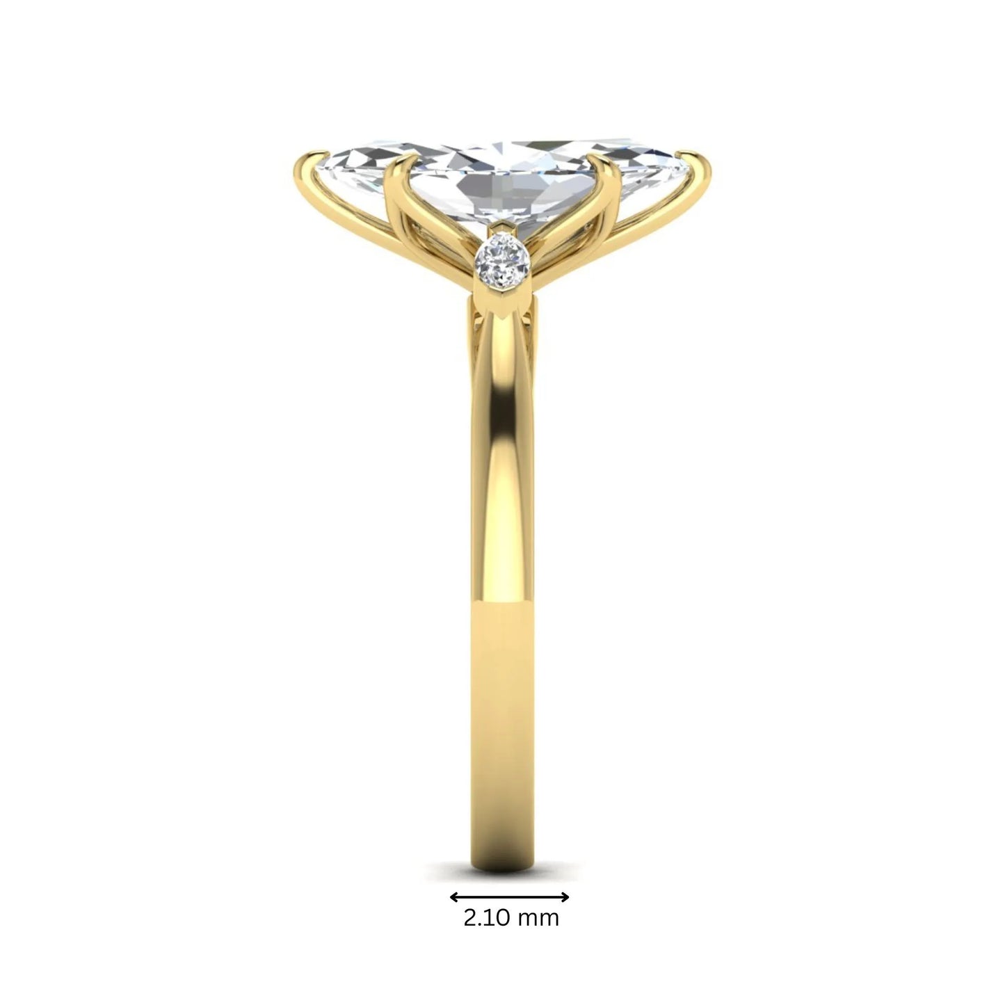 Marquise three stone lab grown diamond engagement ring featuring a 2.48 carat IGI certified center diamond with marquise side diamonds in yellow gold