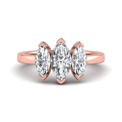 Marquise three stone lab grown diamond engagement ring featuring a center marquise diamond with matching side stones in rose gold design.