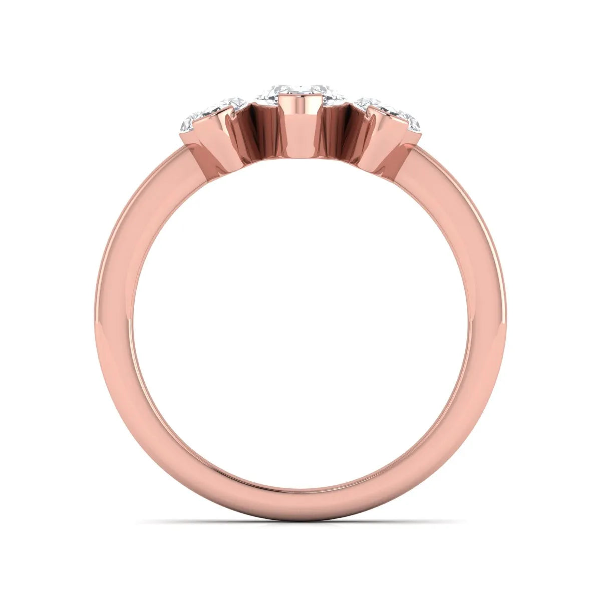 Marquise three stone lab grown diamond engagement ring featuring a center marquise diamond with matching side stones in rose gold design.
