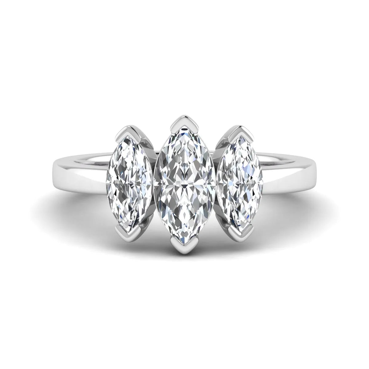 Marquise three stone lab grown diamond engagement ring featuring a center marquise diamond with matching side stones in white gold design.