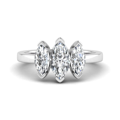 Marquise three stone lab grown diamond engagement ring featuring a center marquise diamond with matching side stones in white gold design.
