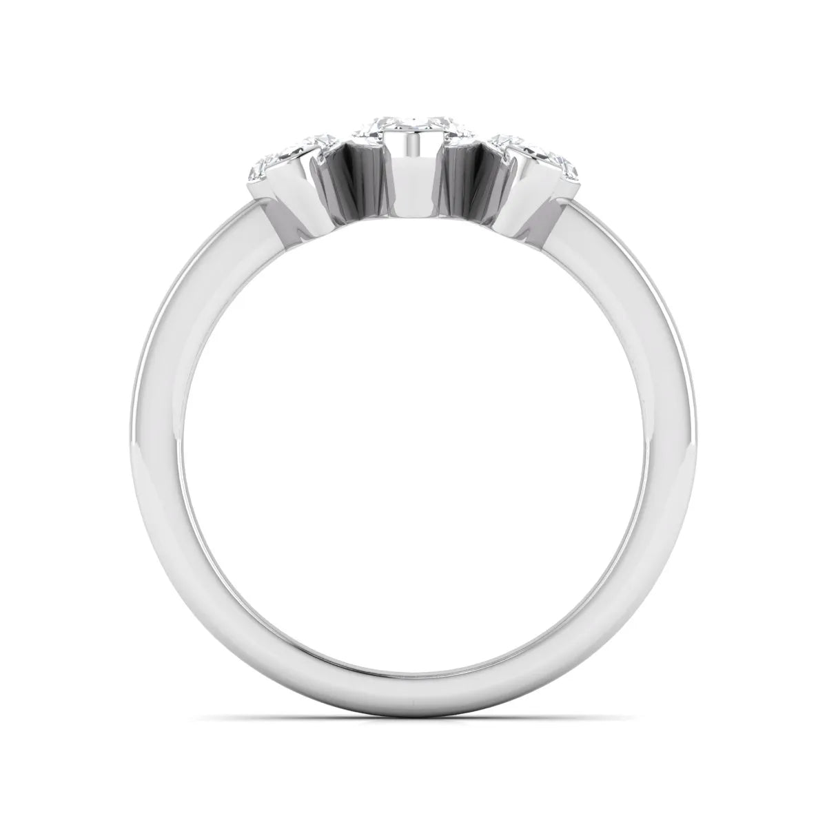Marquise three stone lab grown diamond engagement ring featuring a center marquise diamond with matching side stones in white gold design.