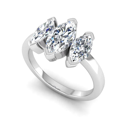 Marquise three stone lab grown diamond engagement ring featuring a center marquise diamond with matching side stones in white gold design.
