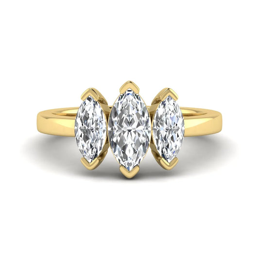 Marquise three stone lab grown diamond engagement ring featuring a center marquise diamond with matching side stones in yellow gold design.