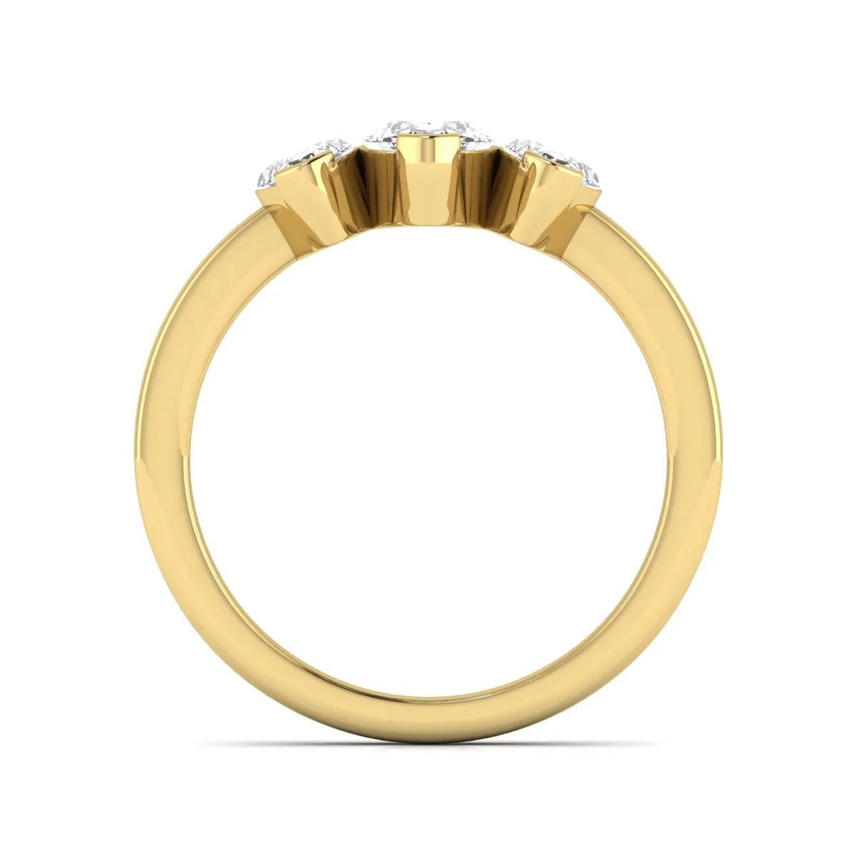 Marquise three stone lab grown diamond engagement ring featuring a center marquise diamond with matching side stones in yellow gold design.