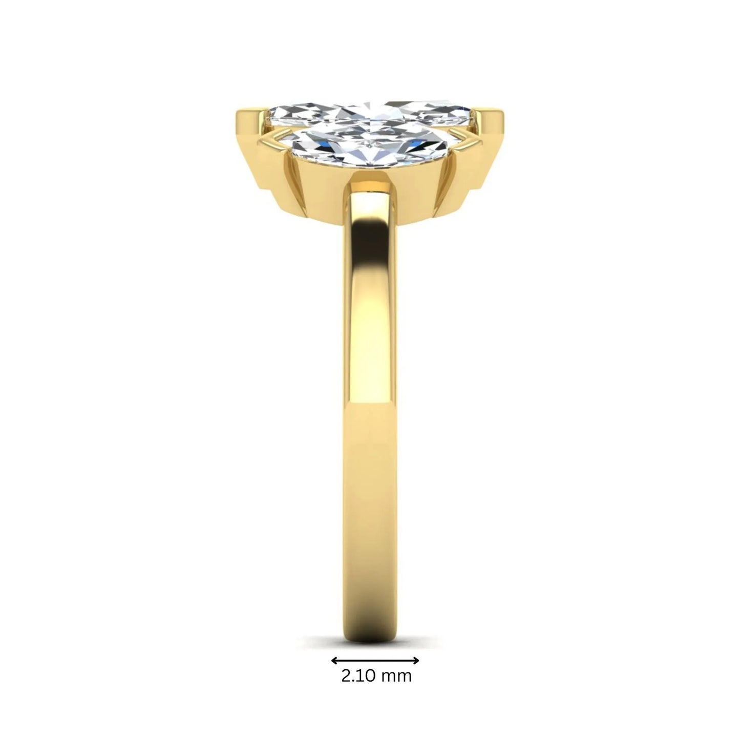 Marquise three stone lab grown diamond engagement ring featuring a center marquise diamond with matching side stones in yellow gold design.