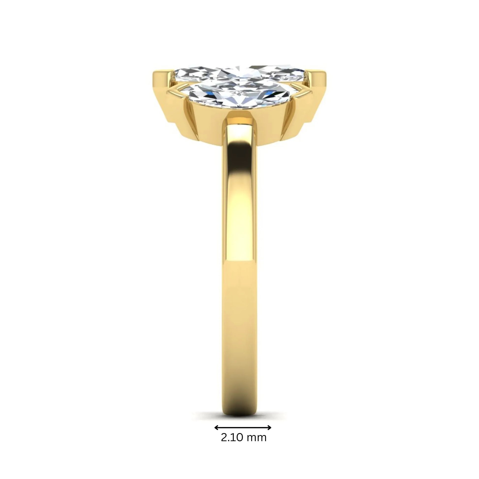 Marquise three stone lab grown diamond engagement ring featuring a center marquise diamond with matching side stones in yellow gold design.
