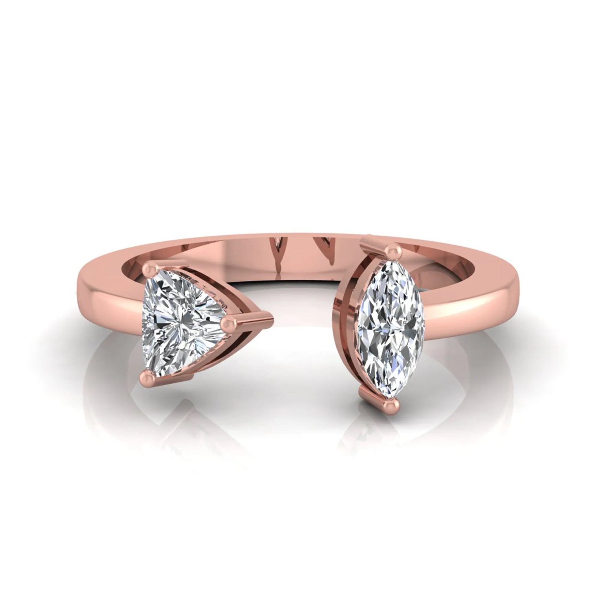 Marquise and trillion cut lab grown diamond Toi et Moi ring with an elegant open contemporary design in rose gold