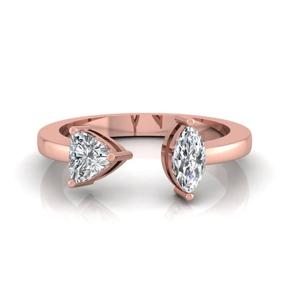Marquise and trillion cut lab grown diamond Toi et Moi ring with an elegant open contemporary design in rose gold