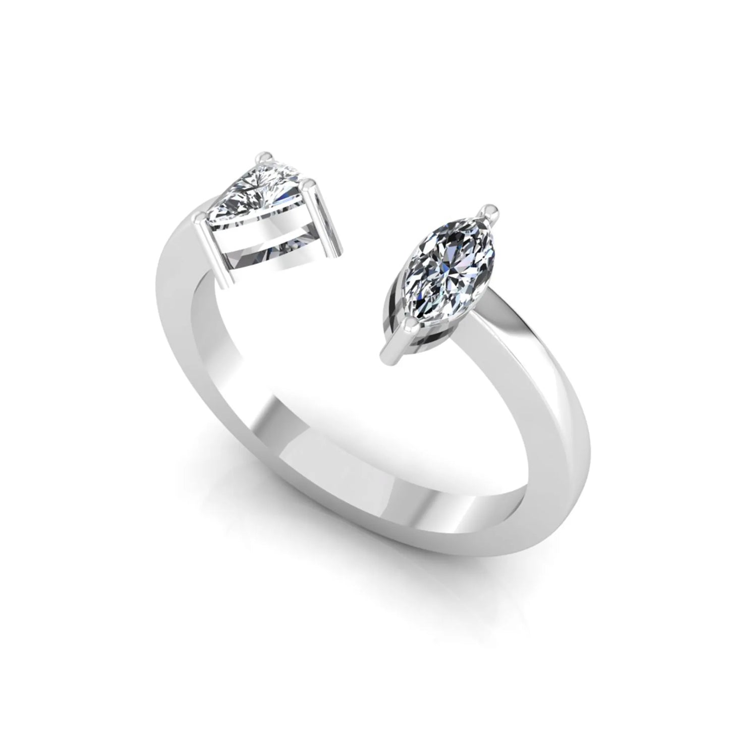 Marquise and trillion cut lab grown diamond Toi et Moi ring with an elegant open contemporary design in white gold