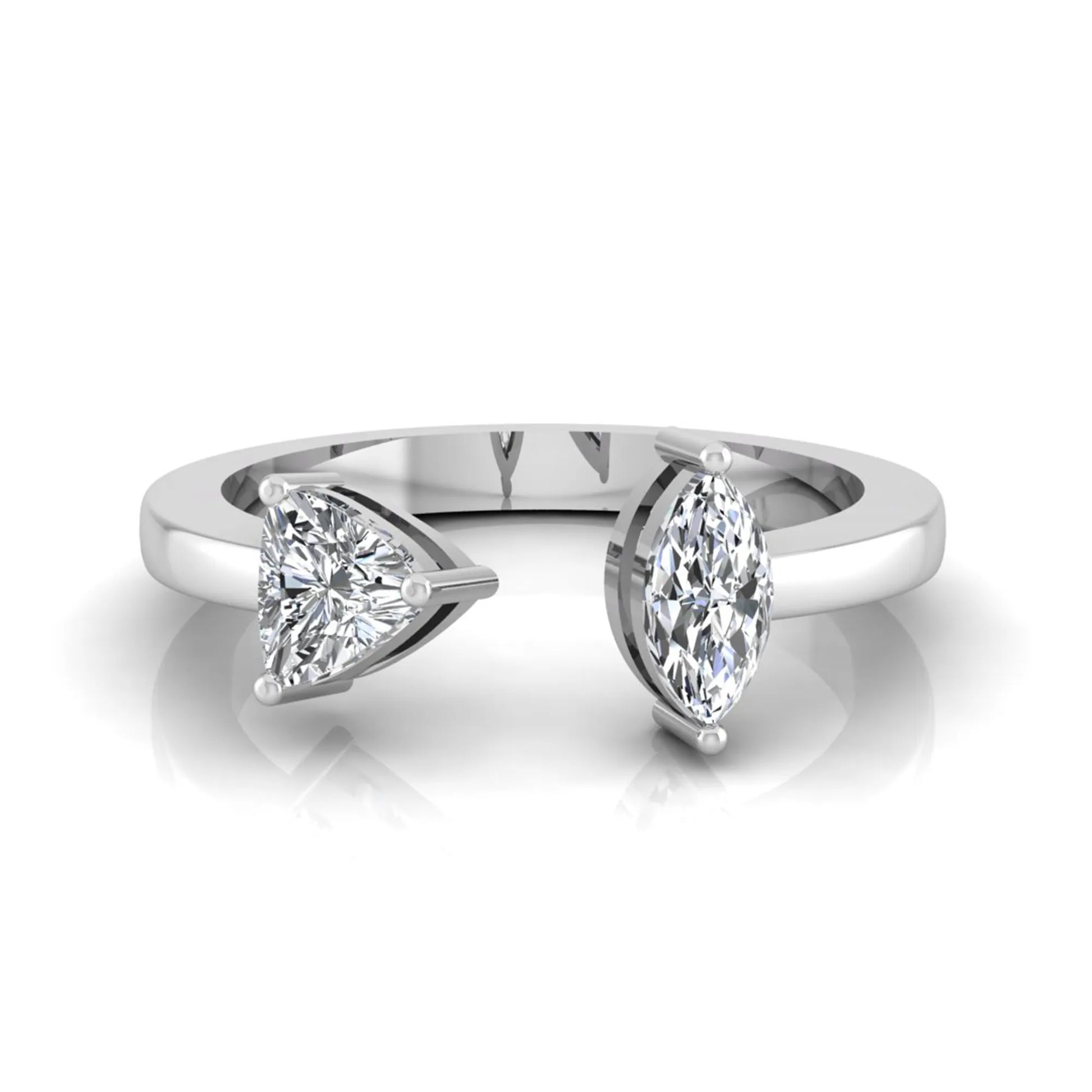 Marquise and trillion cut lab grown diamond Toi et Moi ring with an elegant open contemporary design in white gold